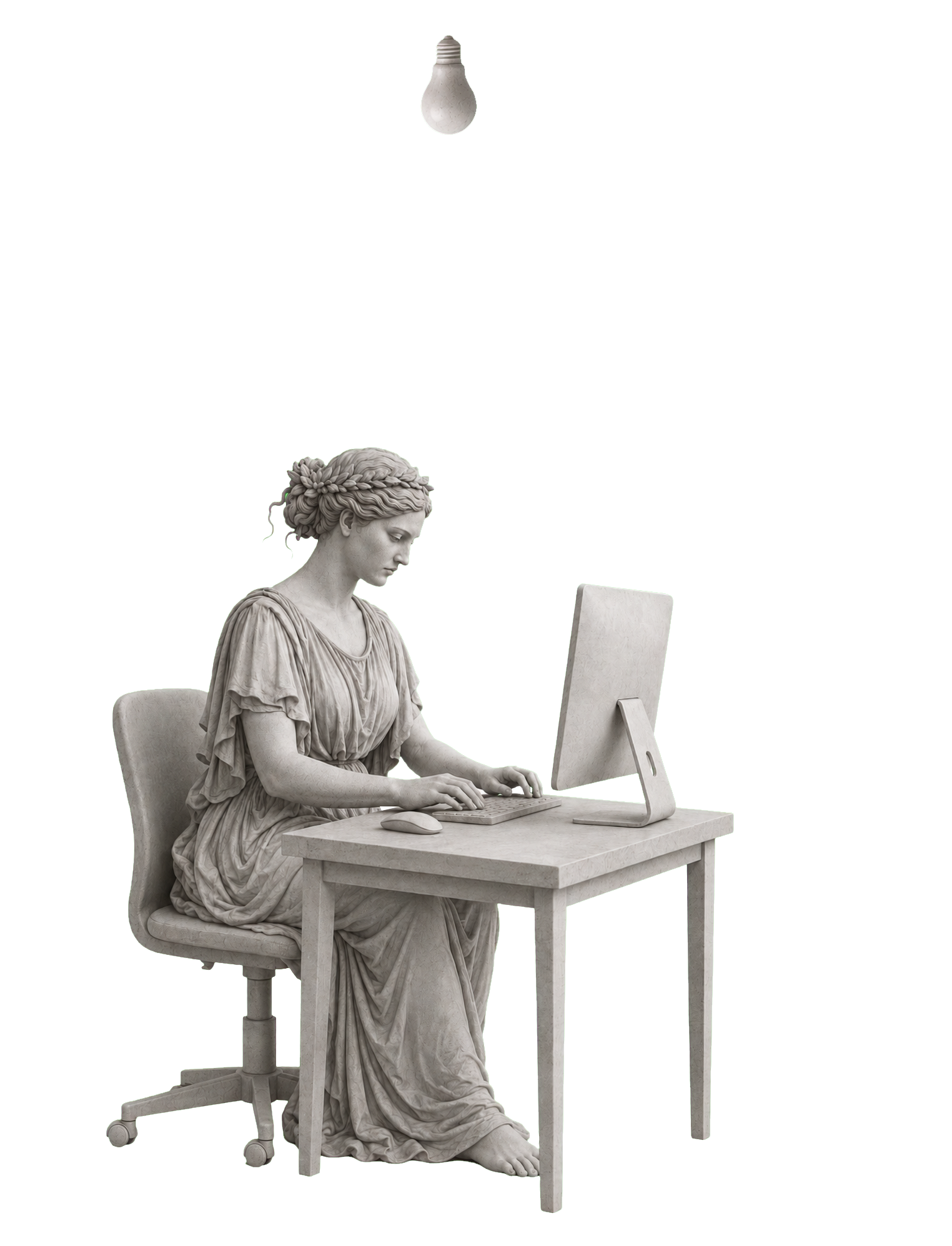 Calliope, the muse, at a modern workstation